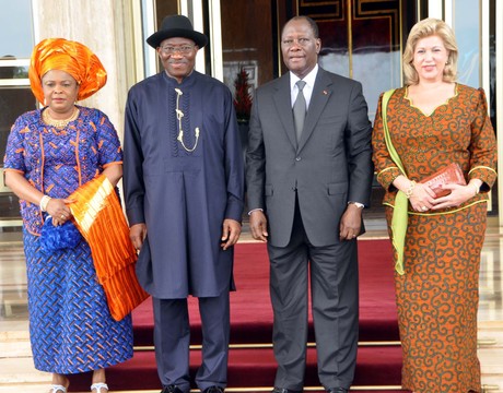 FROM LEFT: FIRST LADY, DAME PATINCE JONATHAN; PRESIDENT GOODLUCK JONATHAN; PRESIDENT ALASSANE OUATTARA OF COTE D'IVOIRE AND HIS WIFE, DOMINIQUE, DURING PRESIDENT JONATHAN'S STATE VISIT IN YAMOUSSOUKRO ON FRIDAY