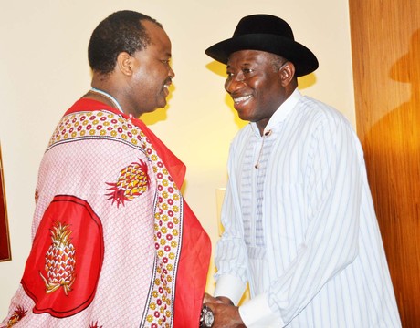 PRESIDENT GOODLUCK JONATHAN (R) MEETING WITH THE KING OF SWAZILAND HIS MAJESTY, KING MSWATI (III) IN ABUJA ON SUNDAY NIGHT