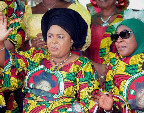 FIRST LADY, DAME PATIENCE JONATHAN (L), AND WIFE OF THE VICE-PRESIDENT, HAJIYA AMINA SAMBO AT THE CELEBRATION OF NIGERIAN WOMEN FOR PEACE AND EMPOWERMENT RALLY IN ABUJA RECENTLY 