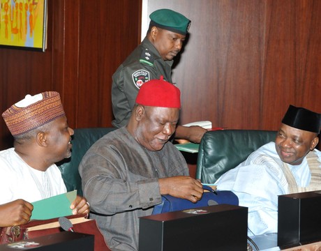 FROM LEFT: HEAD OF THE CIVIL SERVICE OF THE FEDERATION, ALHAJI BUKAR AJI; SECRETARY TO THE GOVERNMENT OF THE FDERATION, SEN. ANYIM PIUS ANYIM AND VICE PRESIDENT NAMADI SAMBO, AT THE FEDERAL EXECUTIVE COUNCIL MEETING IN ABUJA ON WEDNESDAY
