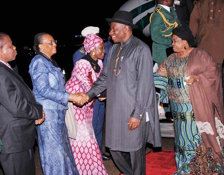  FROM LEFT: NIGERIAN AMBASSADOR TO U.S, PROF. ADEBOWALE ADEFUYE; NIGERIAN PERMANENT REPRESENTATIVE TO THE UNITED NATIONS, PROF. JOY OGWU; MINISTER OF FOREIGN AFFAIRS, PROF. VIOLA ONWULIRI, WELCOMING PRESIDENT GOODLUCK JONATHAN AND THE WIFE, DAME PATIENCE AT JOHN F KENNEDY INTERNATIONAL AIRPORT FOR THE 68TH SESSION OF THE UN GENERAL ASSEMBLY IN NEW YORK ON SUNDAY 