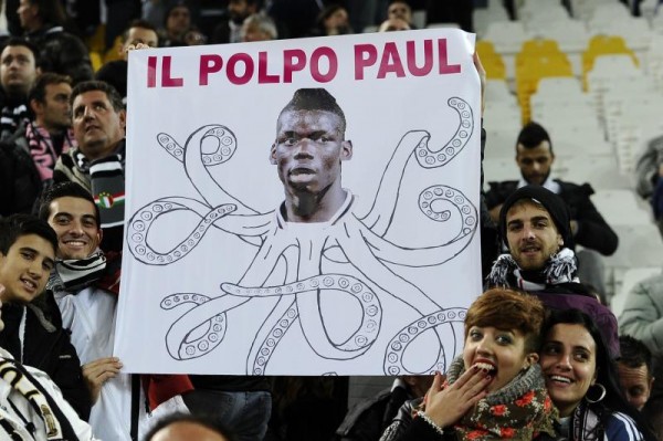 A Section of Juventus Fans at the Derby D'Italia With a Paul Pogba the Octopus Banner.