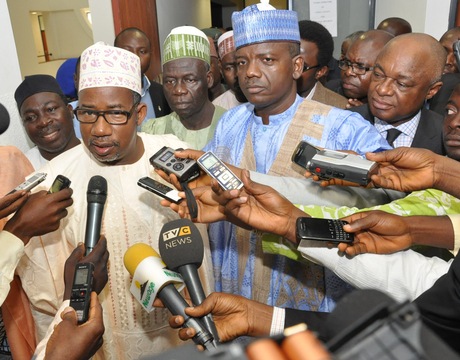 MINISTER OF FCT, SEN. BALA MOHAMMED; CHIEF OF STAFF TO FEDERAL CAPITAL AUTHORITY, MUHAMMED YAU'GITAL AND CHAIRMAN, HOUSE COMMITTEE ON SECURITY AND INTELLIGENCE, MOHAMMED MUTTAWALE, SPEAKING TO NEWSMEN AFTER AN INVESTIGATIVE MEETING ON THE APO RECENT KILLING IN ABUJA ON THURSDAY 