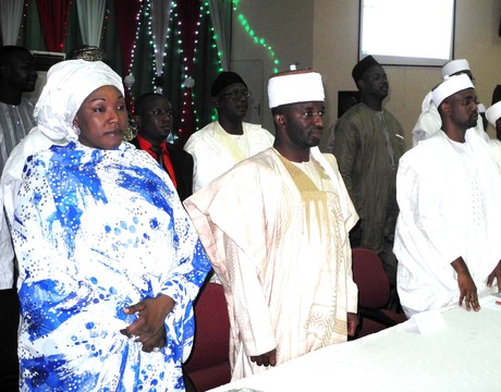 FROM LEFT: ADAMAWA STATE COMMISSIONER FOR WOMEN AFFAIRS AND INTEGRATION, HAJIYA HALIMA MOHAMMED, SARKIN MATASA OF ADAMAWA EMIRATE, ALHAJI ABDUL-AZIZ NYAKO, SARKIN MATASA OF MUBI EMIRATE, ALHAJI MOHAMMAD AHMAD, AT THE LAUNCHING OF SOCIAL RE-INTEGRATION GROUP AND INAUGURATION OF LOCAL GOVERNMENT CONFLICT RESOLUTION COMMITTEES IN YOLA ON SUNDAY