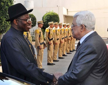 PRESIDENT GOODLUCK JONATHAN (L) WITH PRESIDENT MAHMUD ABBAS OF PALESTINE DURING HIS VISIT TO RAMALLAH ON TUESDAY