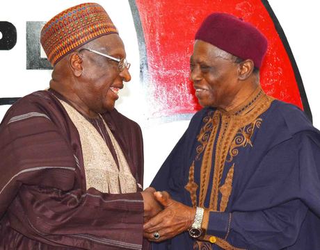 PDP NATIONAL CHAIRMAN,  ALHAJI BAMANGA TUKUR (L), WITH   CHAIRMAN, NATIONAL  DISCIPLINARY COMMITTEE, DR UMARU DIKKO,   DURING THE INAUGURATION OF THE COMMITTEE IN ABUJA ON THURSDAY (NAN)