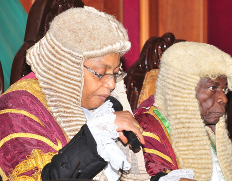 ACTING PRESIDENT,  COURT OF APPEAL, JUSTICE ZAINAB BULKACHUWA (L),  WITH THE FORMER PRESIDENT, JUSTICE AYO SALAMI,  AT THE VALEDICTORY COURT SESSION OF THE COURT IN HONOUR OF JUSTICE SALAMI IN ABUJA ON THURSDAY
