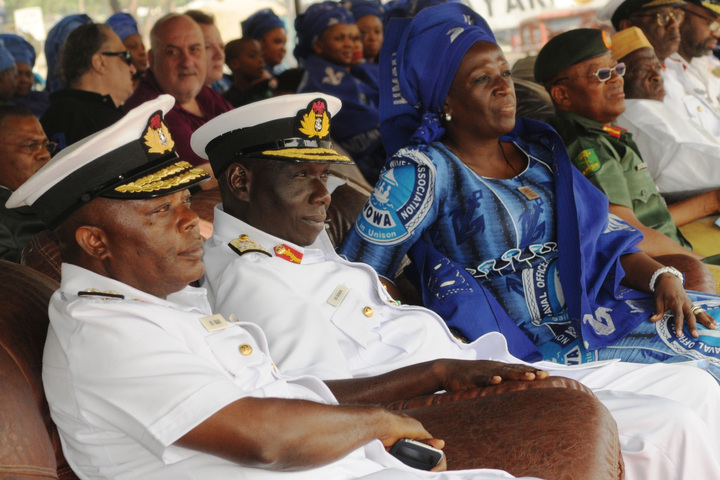 FROM LEFT: FLAG OFFICER, WESTERN NAVAL COMMAND, REAR ADM. ETTE IBAS; REPRESENTATIVE OF CHIEF OF NAVAL STAFF, REAR ADM. EMMANUEL OGBOR; PRESIDENT, NAVAL OFFICERS' WIVES ASSOCIATION, MRS VIVIAN EZEOBA AND GOC, 81 DIV., MAJ.-GEN. OBI UMAHI,  DURING THE ARRIVAL OF NNS THUNDER IN LAGOS FROM AUSTRALIA AFTER A FOUR-MONTH SAIL AROUND THE WORLD  ON WEDNESDAY (18/12/13).
