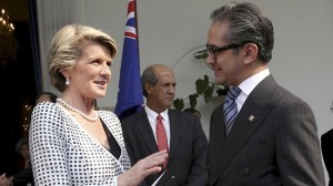 Australian Foreign Minister Julie Bishop, left, talks with her Indonesian counterpart Marty Natalegawa after their meeting in Jakarta, Indonesia.