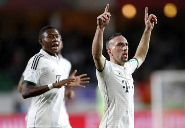 Ribery Celebrates Opening Scores for Bayern Against Evergrande.