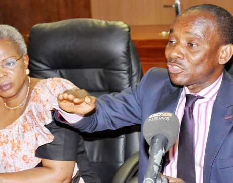CHAIRMAN, NIGERIAN ELECTRICITY REGULATORY COMMISSION (NERC), DR SAM AMADI (R), WITH COMMISSIONER, ENGINEERING STANDARDS AND SAFETY,  NERC, MRS MARY AWOLOKUN, DURING A NEWS CONFERENCE ON NON-INCREASE OF ELECTRICITY TARIFF IN ABUJA ON WEDNESDAY