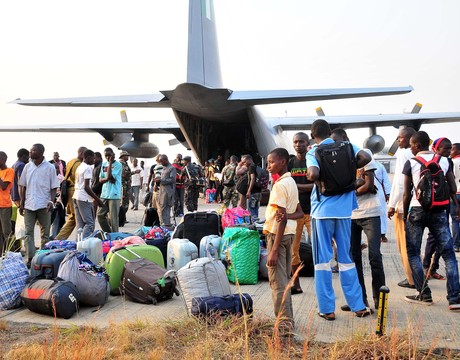 TRAPPED NIGERIANS EVACUATED FROM THE CENTRAL AFRICAN REPUBLIC ON THEIR ARRIVAL AT THE NNAMDI AZIKIWE INTERNATIONAL AIRPORT IN ABUJA ON SATURDAY (CREDIT: NAN)