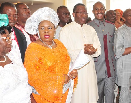 FROM LEFT: MOTHER OF THE PRESIDENT, MRS EUNICE JONATHAN; CHAIRMAN, BOARD OF NIGERIAN CHRISTIAN PILGRIM COMMISSION (NCPC), THE MOST REV NOCHOLAS OKOH;  FIRST LADY DAME PATIENCEJONATHAN; PRESIDENT GOODLUCK JONATHAN; NCPC EXECUTIVE SECRETARY, MR JOHN-KENNEDY OPARA, MEMBER, HOUSE OF REPRESENTATIVES, REP. NDIDI ELUMELU, AT THE  NCPC THANKSGIVING SERVICE IN ABUJA ON SUNDAY  