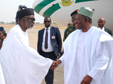PRESIDENT GOODLUCK JONATHAN (RIGHT) BEING RECEIVED BY ADAMAWA STATE GOVERNOR, MURTALA NYAKO ON THE PRESIDENT’S ARRIVAL AT THE YOLA INTERNATIONAL AIRPORT, FOR A ONE-DAY WORKING VISIT TO ADAMAWA STATE, YESTERDAY. 