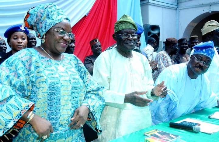FROM LEFT: SPEAKER, OYO STATE HOUSE OF ASSEMBLY, MRS MONSURAT SUNMONU; OYO STATE APC INTERIM CHAIRMAN, CHIEF AKIN OKE AND GOV. ABIOLA AJIMOBI OF OYO STATE, AT THE SENSITISATION OF APC MEMBERS IN THE STATE ON MONDAY (03/2/14).