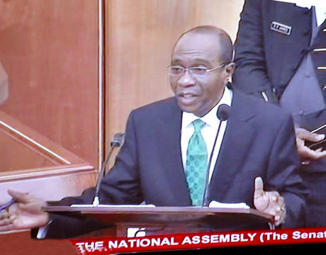 MR GODWIN EMEFIELE ANSWERING QUESTIONS  DURING HIS SCREENING BY THE SENATE FOR  CENTRAL BANK GOVERNORSHIP IN ABUJA ON WEDNESDAY (26/3/24).