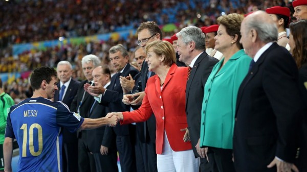 German Chancellor Angela Merkel Could Not Console Lionel Messi. Image: Fifa via Getty Image.  