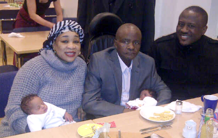 RECUPERATING GOV. DANBABA SUNTAI (M) OF TARABA, WITH HIS WIFE, HAUWA (L), AND A FAMILY FRIEND, PRINCE TITA NBALAM (R) AND HIS THREE WEEKS OLD TWINS IN A CAFETERIA OF A GERMAN HOSPITAL ON MONDAY
