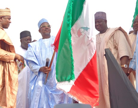 FCT MINISTER, SEN. BALA MOHAMMED (M) FLAGGING-OFF THE PDP CAMPAIGN AT KUJE IN ABUJA 