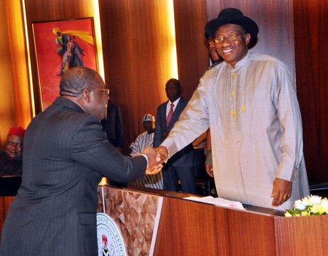 PRESIDENT GOODLUCK JONATHAN CONGRATULATING PROF. CHINEDU NEBO AFTER HIS SWEARING-IN AS MINISTER