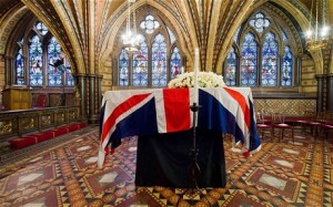 The coffin of Margaret Thatcher rests in the Palace of Westminster (LEON NEAL/AFP/Getty Images)