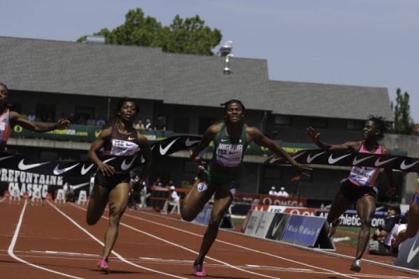 Okagbare Sprints Past Campbell to the Finish Line In Oregon.