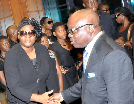 WIDOW OF  SEN. PIUS EWHERIDO, MRS DOYE (L) WITH GOV. EMMANUEL UDUAGHAN OF DELTA DURING A VALEDICTORY SESSION IN HONOUR OF SEN. EWHERIDO AT THE NATIONAL ASSEMBLY IN ABUJA