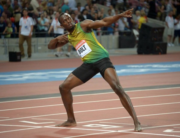 Usain Bolt Strikes His Lightning Pose in London Olympic Stadium.