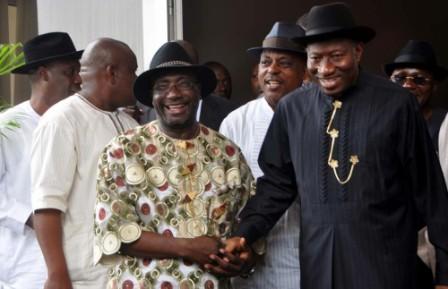 PRESIDENT GOODLUCK JONATHAN AND LEADER OF A FACTION OF PDP IN RIVERS STATE, FELIX OBUAH AT THE PRESIDENTIAL VILLA, ABUJA