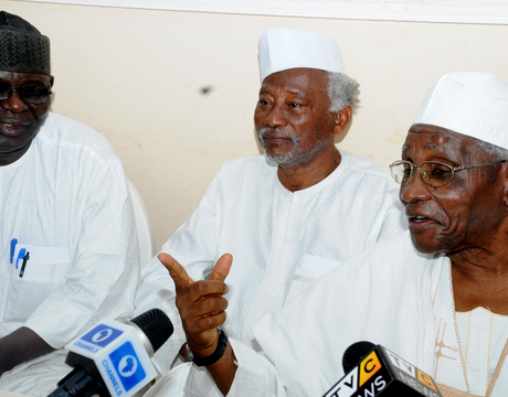 FROM LEFT: LEGAL ADVISER, AREWA CONSULTATIVE FORUM, MR BITRUS GWADAH; FORMER MINISTER OF AGRICULTURE, ALHAJI SANI DAURA AND CHAIRMAN, NORTHERN  ELDERS FORUM, PROF. ANGO ABDULLAHI, ADDRESSING A NEWS CONFERENCE IN KADUNA ON TUESDAY