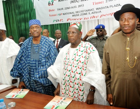 CHAIRMAN, BOARD OF TRUSTEES, PEOPLES DEMOCRATIC PARTY (PDP), CHIEF TONY ANENIH; ACTING NATIONAL SECRETARY, DR REMI AKINTOYE; THE NATIONAL CHAIRMAN, DR BAMANGA TUKUR AND PRESIDENT GOODLUCK JONATHAN, AT NATIONAL EXECUTIVE COUNCIL MEETING OF THE PARTY IN ABUJA ON THURSDAY