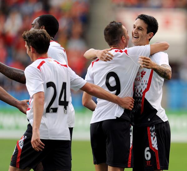 Liverpool Players Celebrate After Iago Asoas' Goal.