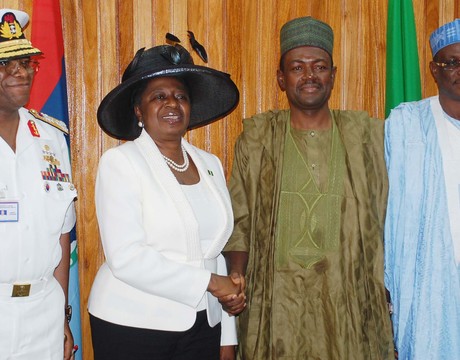 FROM LEFT: CHIEF OF DEFENCE STAFF, ADM. OLA IBRAHIM; OUTGOING MINISTER OF STATE, ERELU OLUSOLA OBADA;  SUPERVISING MINISTER OF DEFENCE, MR LABARAN MAKU  AND PERMANENT SECRETARY, MINISTRY OF DEFENCE, ALHAJI ALIYU SUMAILA,  DURING THE HANDING OVER BY THE OUTGOING MINISTER OF STATE IN ABUJA ON THURSDAY.