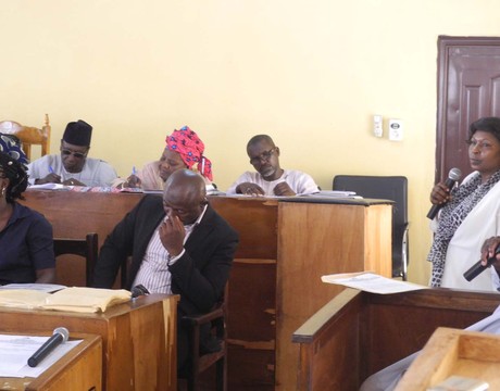 SEN. SOLOMON EWUGA (R), TESTIFYING IN LAFIA ON TUESDAY (24/9/13), BEFORE THE JUDICIAL COMMISSION OF INQUIRY OVER THE KILLING OF SECURITY OPERATIVES AT ALAKYO VILLAGE.