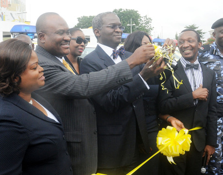 ORELOPE-ADEFULIRE; CHIEF EXECUTIVE OFFICER, MTN NIGERIA, MR MICHAEL IKPOKI; GOV. BABATUNDE FASHOLA; EXECUTIVE SECRETARY, LAGOS STATE SECURITY TRUST FUND, MR FOLA ARTHUR-WORREY AND COMMANDER, LAGOS RAPID RESPONSE SQUAD, MR AKEEM ODUMOSU, AT THE INAUGURATION OF SECURITY VEHICLES DONATED TO LAGOS STATE GOVERNMENT BY MTN FOUNDATION IN LAGOS ON MONDAY