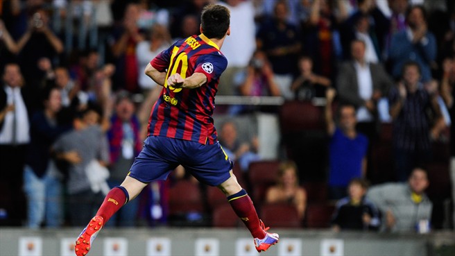 Lionel Messi Celebrates Scoring Against Ajax.