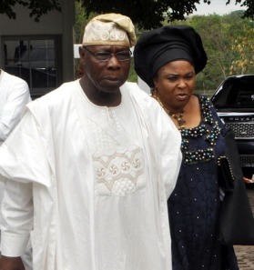 CHIEF OLUSEGUN OBASANJO AT THE PRESIDENTIAL VILLA ON SUNDAY. DAME PATIENCE JONATHAN IN THE BACKGROUND