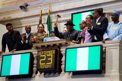 PRESIDENT GOODLUCK JONATHAN RINGS THE CLOSING BELL AT THE NYSE