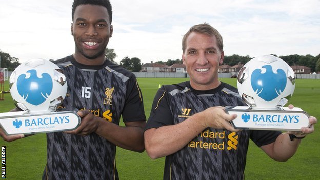 Daniel Sturridge and Brendan Rodgers of Liverpool, Barclays Player and Manager of August.
