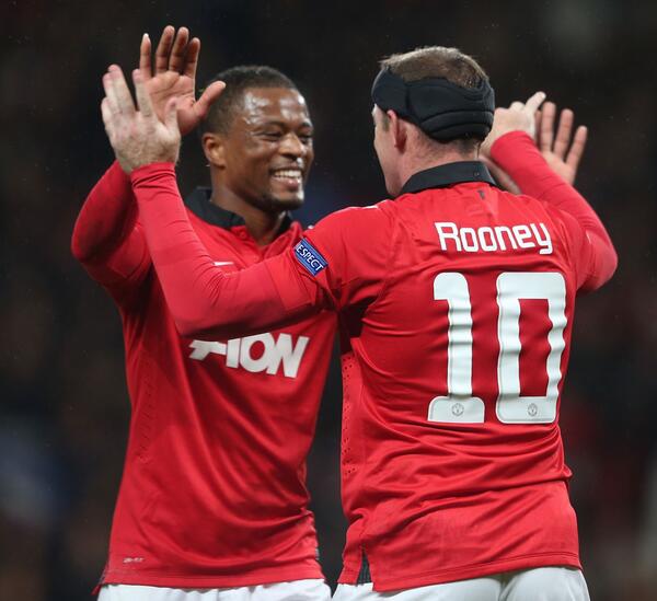 Patrice Evra celebrates Wayne Rooney's Goal in a Champions League Match.