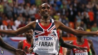 Mo Farah Crossing the Finish Line in the 10,000m at Moscow's World Championships.