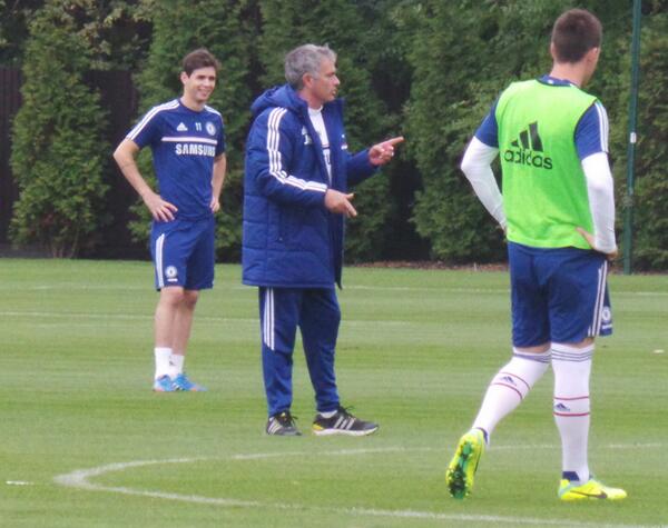 Jose Mounrinho Passes Instructions at Chelsea's Cobham Training Facility.