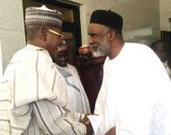 GOV. SULE LAMIDO OF JIGAWA (L), WELCOMING HIS ADAMAWA COUNTERPART, GOV. MURTALA NYAKO, DURING THE VISIT OF THE LATER TO DUTSE ON THURSDAY