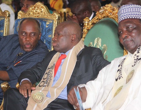 FROM LEFT: GOV. CHIBUIKE AMAECHI OF RIVERS; REPRESENTATIVE OF THE PRESIDENT, SPECIAL ADVISER TO THE PRESIDENT ON DOCUMENTATION AND STRATEGY, MR ORONTO DOUGLAS AND FORMER HEAD OF STATE, GEN.YAKUBU GOWON,  AT THE PORT HARCOURT CITY CENTENARY CELEBRATION SYMPOSIUM IN PORT HARCOURT ON THURSDAY ( CREDIT:NAN)