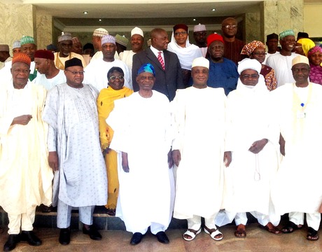 GOV. ALIYU WAMAKKO (4TH R) OF SOKOTO STATE WITH MEMBERS OF THE PRESIDENTIAL COMMITTEE ON NATIONAL DIALOGUE, WHO PAID HIM A COURTESY VISIT IN SOKOTO ON MONDAY 