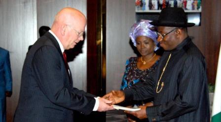 PRESIDENT GOODLUCK JONATHAN RECEIVING THE LETTERS OF CREDENCE FROM THE NEW UNITED STATES AMBASSADOR TO NIGERIA
