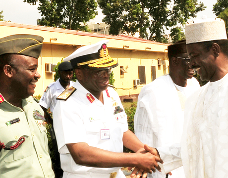 FROM LEFT: CHIEF OF ARMY STAFF, LT.-GEN. AZUBUIKE IHEJIRIKA; CHIEF OF DEFENCE STAFF, ADMIRAL OLA IBRAHIM AND SUPERVISING MINISTER OF DEFENCE, MR LABARAN MAKU, AT A NEWS CONFENRENCE ON THE ARMED FORCES REMEMBRANCE DAY CELEBRATION IN ABUJA ON TUESDAY (3/12/13).