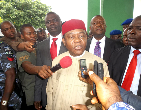 GOV. THEODORE ORJI OF ABIA, ANSWERING QUESTIONS FROM JOURNALISTS SHORTLY AFTER HE PRESENTED THE STATE 2014 BUDGET OF N149.6 BILLION TO THE STATE ASSEMBLY IN UMUAHIA ON MONDAY (30/12/2013)