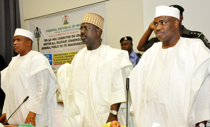 FROM LEFT: MEMBER, HOUSE AD-HOC COMMITTEE ON CRUDE OIL THEFT, REP. UMAR BATURE; CHAIRMAN, BASHIR ADAMU AND SPEAKER, HOUSE OF REPRESENTATIVES, AMINU TAMBUWAL, AT THE INAUGURATION OF THE HOUSE AD-HOC COMMITTEE ON CRUDE OIL THEFT IN ABUJA ON WEDNESDAY 