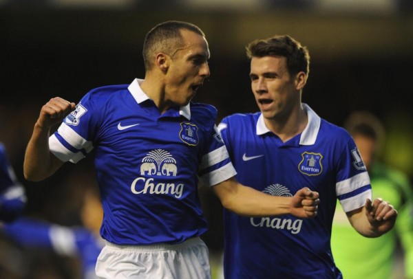 Lleon Osman and Seamus Coleman Celebrates. Both Players Scored as Everton Returned to the Top Four.
